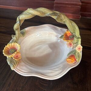Fitz and Floyd Ceramic Basket with Green Handle and Yellow-Orange Flower Accents